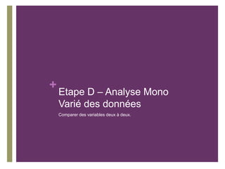 +
Etape D – Analyse Mono
Varié des données
Comparer des variables deux à deux.
 