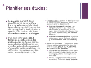 +
Planifier ses études:
 Le premier moment d’une
enquête est dit descriptif ou
transversal en ce qu’elle décrit
la population des individus en les
discriminant selon les indicateurs
normés. Elle peut aboutir à une
clustérisassions en sociotype.
 Puis peut venir un second
temps des explications des
phénomènes en faisant corréler
un ou plusieurs facteurs les uns
avec les autres tout en essayant
d’interpréter cette corrélation. Les
différentes régressions sont les
outils clés de cette approche.
 La comparaison permet de distinguer deux
échantillons d’une population selon un ou
plusieurs critères discriminants
 Comparaison expérimentale : on
compare un groupe qui a subi des
expériences au regard d’un groupe
ayant les mêmes caractéristiques, mais
qui ne les a pas subies [UNE Variable
binaire].
 Comparaison cas-témoins : comparer
des groupes qui se distingue selon les
[Les modalités d’UNE variable kali].
 Etude longitudinale : Comparer un même
groupe après et avant l’intervention d’un
facteur causal. [DEUX OU PLUSIEURS
MESURES d’UNE variable]
 Les études de tendances visent à tirer
périodiquement des échantillons d’une
même population à travers plusieurs
enquêtes.
 Quand il s’agit exactement du même
échantillon, on parle d’étude de panel.
 
