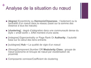 +
Analyse de la situation du nœud
 [degree] Eccentricity ou HarmonicCloseness : l’isolement ou la
centralité d’un noeud dans le réseau (basé sur la somme des
distance à tous les nœuds)
 [clustering] : degré d’intégration dans une communauté dense du
style « small world ». Effet membre d’une secte.
 [indegree] Eigencentrality or Page Rank Or Authority : l‘autorité
base sur le calcul des liens entrants
 [outdegree] Hub = La qualité de vigie d’un noeud
 (Strong)Component Number OR Modularity Class : groupe de
nœud autonome et Groupe de nœud par clustérisation de
proximité
 Composante connexe/Coefficient de clustering
 
