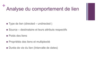 +
Analyse du comportement de lien
 Type de lien (directed – undirected )
 Source – destinataire et leurs attributs respectifs
 Poids des liens
 Propriétés des liens et multiplexité
 Durée de vie du lien (Intervalle de dates)
 