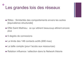 +
Les grandes lois des réseaux
 Rôles : Similarités des comportements envers les autres
[équivalence structurale]
 Effet Saint Mathieu: ce qui attirent beaucoup attirent encore
plus
 6 degrés de connexions
 La limite des 148 contacts actifs (690 max)
 La taille compte (pour l’accès aux ressources)
 Relation influence / sélection dans la Network théorie
 