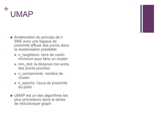 +
UMAP
 Amélioration du principe de t-
SNE avec une logique de
proximité diffuse des points dans
la clusterisation préalable
 n_neighbors: nbre de voisin
minimum pour faire un cluster
 min_dist: la distance min entre
des points proches
 n_components: nombre de
cluster.
 n_epochs: l'aura de proximité
du point
 UMAP est un des algorithme les
plus prometeurs dans la séries
de réductionpar graph
 