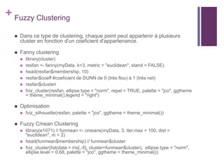 + Fuzzy Clustering
 Dans ce type de clustering, chaque point peut appartenir à plusieurs
cluster en fonction d'un coeficient d'appartenance.
 Fanny clustering
 library(cluster)
 resfan <- fanny(myData, k=3, metric = "euclidean", stand = FALSE)
 head(resfan$membership, 10)
 resfan$coeff #coeficient de DUNN de 0 (très flou) à 1 (très net)
 resfan$clusteri
 fviz_cluster(resfan, ellipse.type = "norm", repel = TRUE, palette = "jco", ggtheme
= theme_minimal(),legend = "right")
 Optimisation
 fviz_silhouette(resfan, palette = "jco", ggtheme = theme_minimal())
 Fuzzy Cmean Clustering
 library(e1071) // funmean <- cmeans(myData, 3, iter.max = 100, dist =
"euclidean", m = 2)
 head(funmean$membership) // funmean$cluster
 fviz_cluster(list(data = iris[,-5], cluster=funmean$cluster), ellipse.type = "norm",
ellipse.level = 0.68, palette = "jco", ggtheme = theme_minimal())
 
