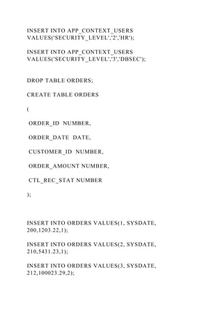 INSERT INTO APP_CONTEXT_USERS
VALUES('SECURITY_LEVEL','2','HR');
INSERT INTO APP_CONTEXT_USERS
VALUES('SECURITY_LEVEL','3','DBSEC');
DROP TABLE ORDERS;
CREATE TABLE ORDERS
(
ORDER_ID NUMBER,
ORDER_DATE DATE,
CUSTOMER_ID NUMBER,
ORDER_AMOUNT NUMBER,
CTL_REC_STAT NUMBER
);
INSERT INTO ORDERS VALUES(1, SYSDATE,
200,1203.22,1);
INSERT INTO ORDERS VALUES(2, SYSDATE,
210,5431.23,1);
INSERT INTO ORDERS VALUES(3, SYSDATE,
212,100023.29,2);
 