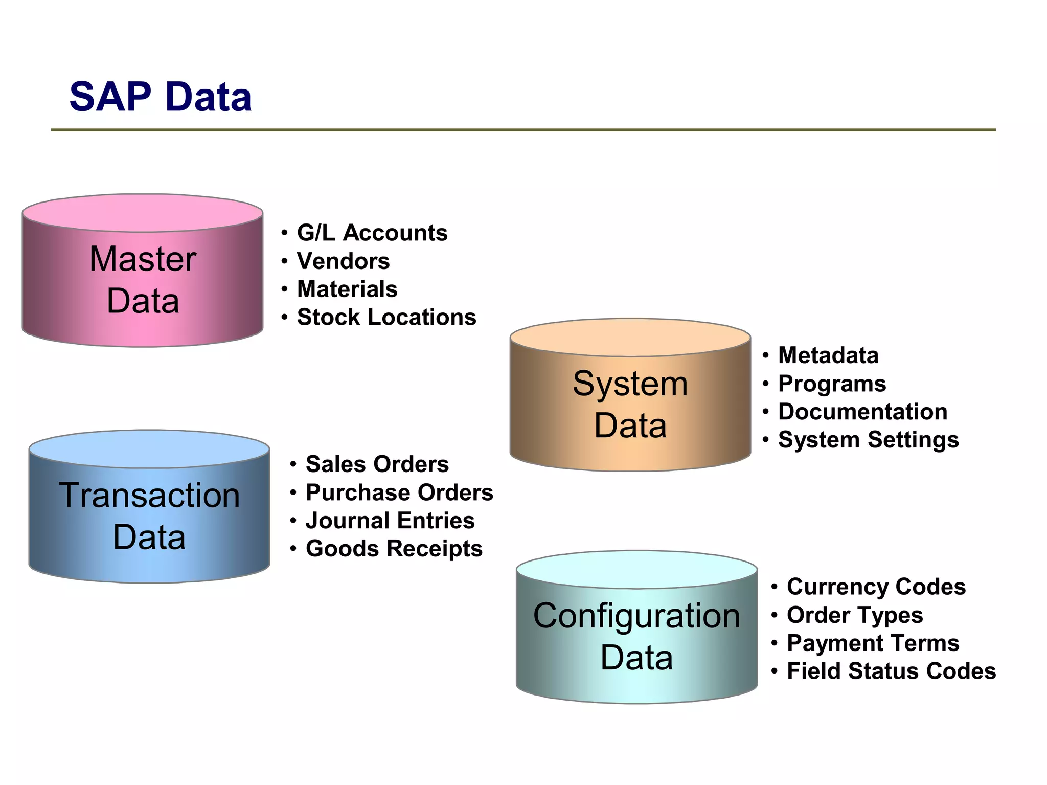 SAP Data
Master
Data
Transaction
Data
• G/L Accounts
• Vendors
• Materials
• Stock Locations
• Sales Orders
• Purchase Orders
• Journal Entries
• Goods Receipts
System
Data
Configuration
Data
• Metadata
• Programs
• Documentation
• System Settings
• Currency Codes
• Order Types
• Payment Terms
• Field Status Codes
 