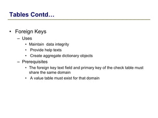 Tables Contd…
• Foreign Keys
– Uses
• Maintain data integrity
• Provide help texts
• Create aggregate dictionary objects
– Prerequisites
• The foreign key text field and primary key of the check table must
share the same domain
• A value table must exist for that domain
 