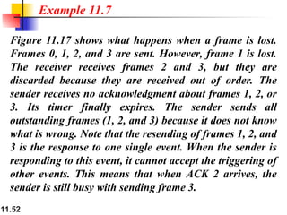 11.52
Figure 11.17 shows what happens when a frame is lost.
Frames 0, 1, 2, and 3 are sent. However, frame 1 is lost.
The receiver receives frames 2 and 3, but they are
discarded because they are received out of order. The
sender receives no acknowledgment about frames 1, 2, or
3. Its timer finally expires. The sender sends all
outstanding frames (1, 2, and 3) because it does not know
what is wrong. Note that the resending of frames 1, 2, and
3 is the response to one single event. When the sender is
responding to this event, it cannot accept the triggering of
other events. This means that when ACK 2 arrives, the
sender is still busy with sending frame 3.
Example 11.7
 