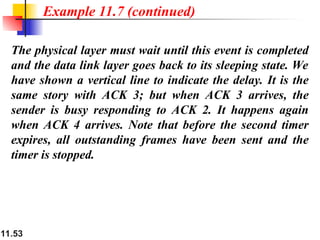 11.53
The physical layer must wait until this event is completed
and the data link layer goes back to its sleeping state. We
have shown a vertical line to indicate the delay. It is the
same story with ACK 3; but when ACK 3 arrives, the
sender is busy responding to ACK 2. It happens again
when ACK 4 arrives. Note that before the second timer
expires, all outstanding frames have been sent and the
timer is stopped.
Example 11.7 (continued)
 
