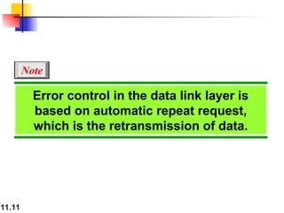 11.11
Error control in the data link layer is
based on automatic repeat request,
which is the retransmission of data.
Note
 