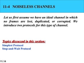 11.14
11-4 NOISELESS CHANNELS
11-4 NOISELESS CHANNELS
Let us first assume we have an ideal channel in which
Let us first assume we have an ideal channel in which
no frames are lost, duplicated, or corrupted. We
no frames are lost, duplicated, or corrupted. We
introduce two protocols for this type of channel.
introduce two protocols for this type of channel.
Simplest Protocol
Stop-and-Wait Protocol
Topics discussed in this section:
Topics discussed in this section:
 