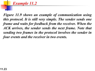 11.23
Figure 11.9 shows an example of communication using
this protocol. It is still very simple. The sender sends one
frame and waits for feedback from the receiver. When the
ACK arrives, the sender sends the next frame. Note that
sending two frames in the protocol involves the sender in
four events and the receiver in two events.
Example 11.2
 