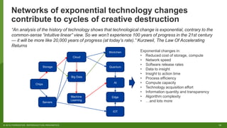 12© 2018 FORRESTER. REPRODUCTION PROHIBITED.
Networks of exponential technology changes
contribute to cycles of creative destruction
“An analysis of the history of technology shows that technological change is exponential, contrary to the
common-sense “intuitive linear” view. So we won’t experience 100 years of progress in the 21st century
— it will be more like 20,000 years of progress (at today’s rate).” Kurzweil, The Law Of Accelerating
Returns
Storage
Servers
Cloud
Big Data
Machine
Learning
AI
Quantum
IOT
Edge
Blockchain Exponential changes in:
• Reduced cost of storage, compute
• Network speed
• Software release rates
• Data to insight
• Insight to action time
• Process efficiency
• Compute capacity
• Technology acquisition effort
• Information quantity and transparency
• Algorithm complexity
• …and lots more
Chips
 