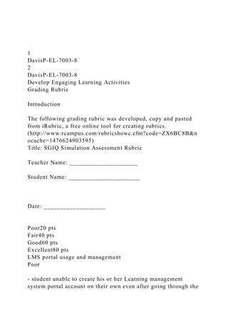 1
DavisP-EL-7003-8
2
DavisP-EL-7003-8
Develop Engaging Learning Activities
Grading Rubric
Introduction
The following grading rubric was developed, copy and pasted
from iRubric, a free online tool for creating rubrics.
(http://www.rcampus.com/rubricshowc.cfm?code=ZX6BC8B&n
ocache=1476624903595)
Title: SGIQ Simulation Assessment Rubric
Teacher Name: _____________________
Student Name: ______________________
Date: ___________________
Poor20 pts
Fair40 pts
Good60 pts
Excellent80 pts
LMS portal usage and management
Poor
- student unable to create his or her Learning management
system portal account on their own even after going through the
 
