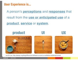 User Experience is...

     A personʼs perceptions and responses that
     result from the use or anticipated use of a
     product, service or system.

              product                                         UI                                 UX




   via Ed Lea: http://design.org/blog/difference-between-ux-and-ui-subtleties-explained-cereal
LUXR.CO    JULY 2012
 