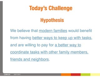 Today’s Challenge
                            Hypothesis
          We believe that modern families would beneﬁt
          from having better ways to keep up with tasks,
          and are willing to pay for a better way to
          coordinate tasks with other family members,
          friends and neighbors.


LUXR.CO     JULY 2012
 