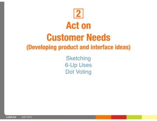 2
                          Act on
                      Customer Needs
              (Developing product and interface ideas)
                            Sketching
                            6-Up Uses
                            Dot Voting




LUXR.CO   JULY 2012
 