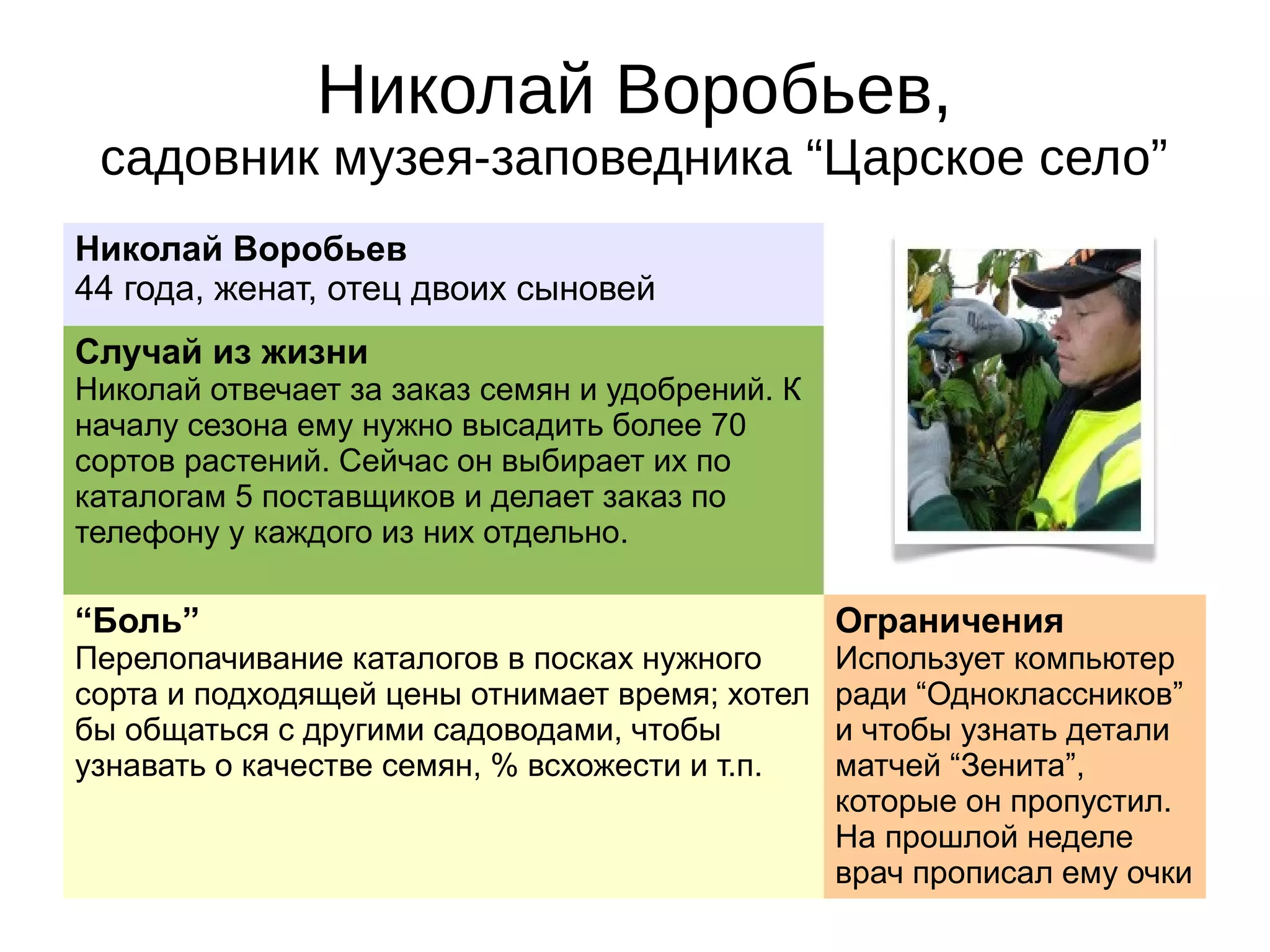 Николай Воробьев,
садовник музея-заповедника “Царское село”
Николай Воробьев
44 года, женат, отец двоих сыновей
Случай из жизни
Николай отвечает за заказ семян и удобрений. К
началу сезона ему нужно высадить более 70
сортов растений. Сейчас он выбирает их по
каталогам 5 поставщиков и делает заказ по
телефону у каждого из них отдельно.
“Боль”
Перелопачивание каталогов в посках нужного
сорта и подходящей цены отнимает время; хотел
бы общаться с другими садоводами, чтобы
узнавать о качестве семян, % всхожести и т.п.
Ограничения
Использует компьютер
ради “Одноклассников”
и чтобы узнать детали
матчей “Зенита”,
которые он пропустил.
На прошлой неделе
врач прописал ему очки
 