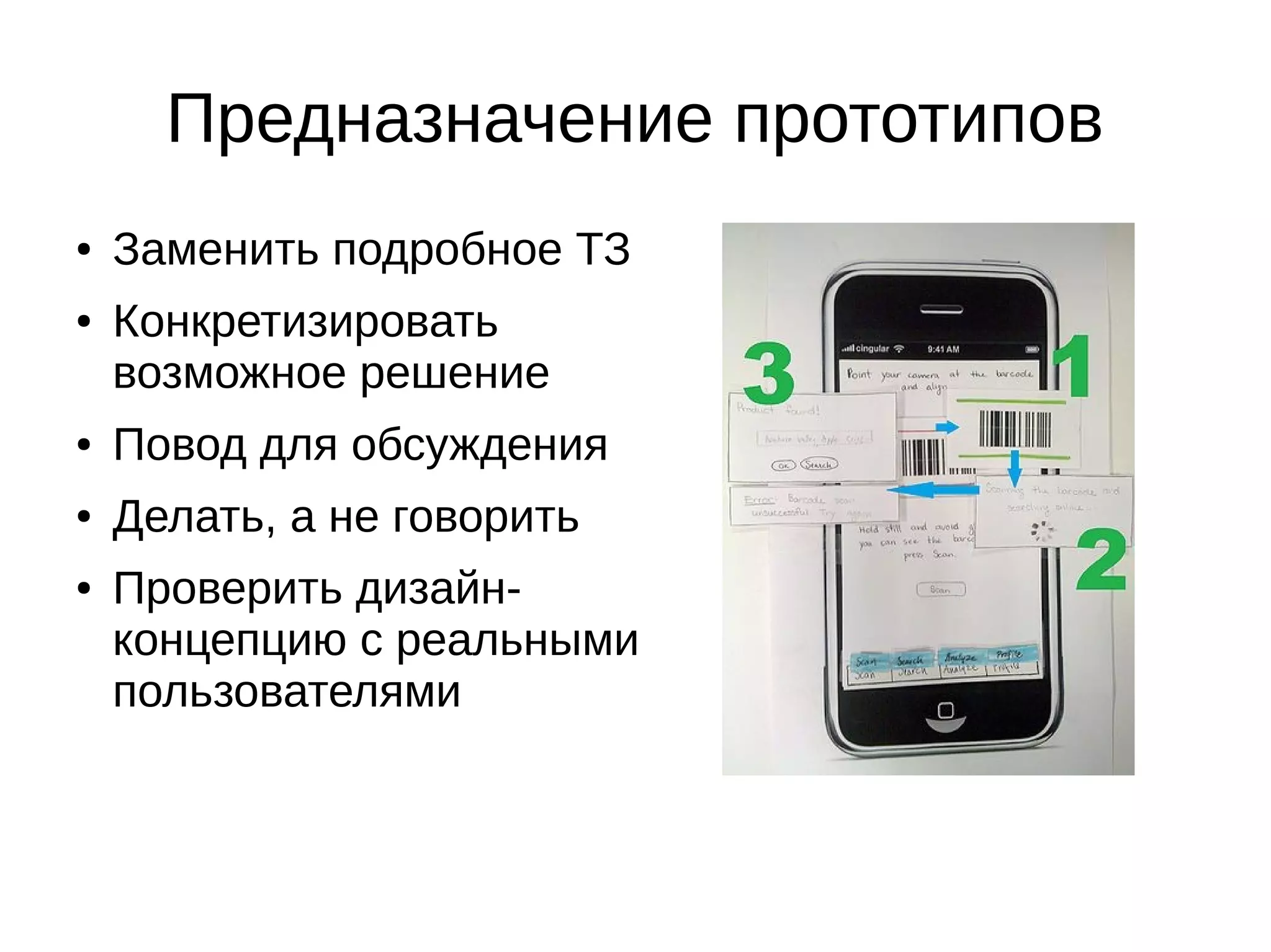 Предназначение прототипов
● Заменить подробное ТЗ
● Конкретизировать
возможное решение
● Повод для обсуждения
● Делать, а не говорить
● Проверить дизайн-
концепцию с реальными
пользователями
 