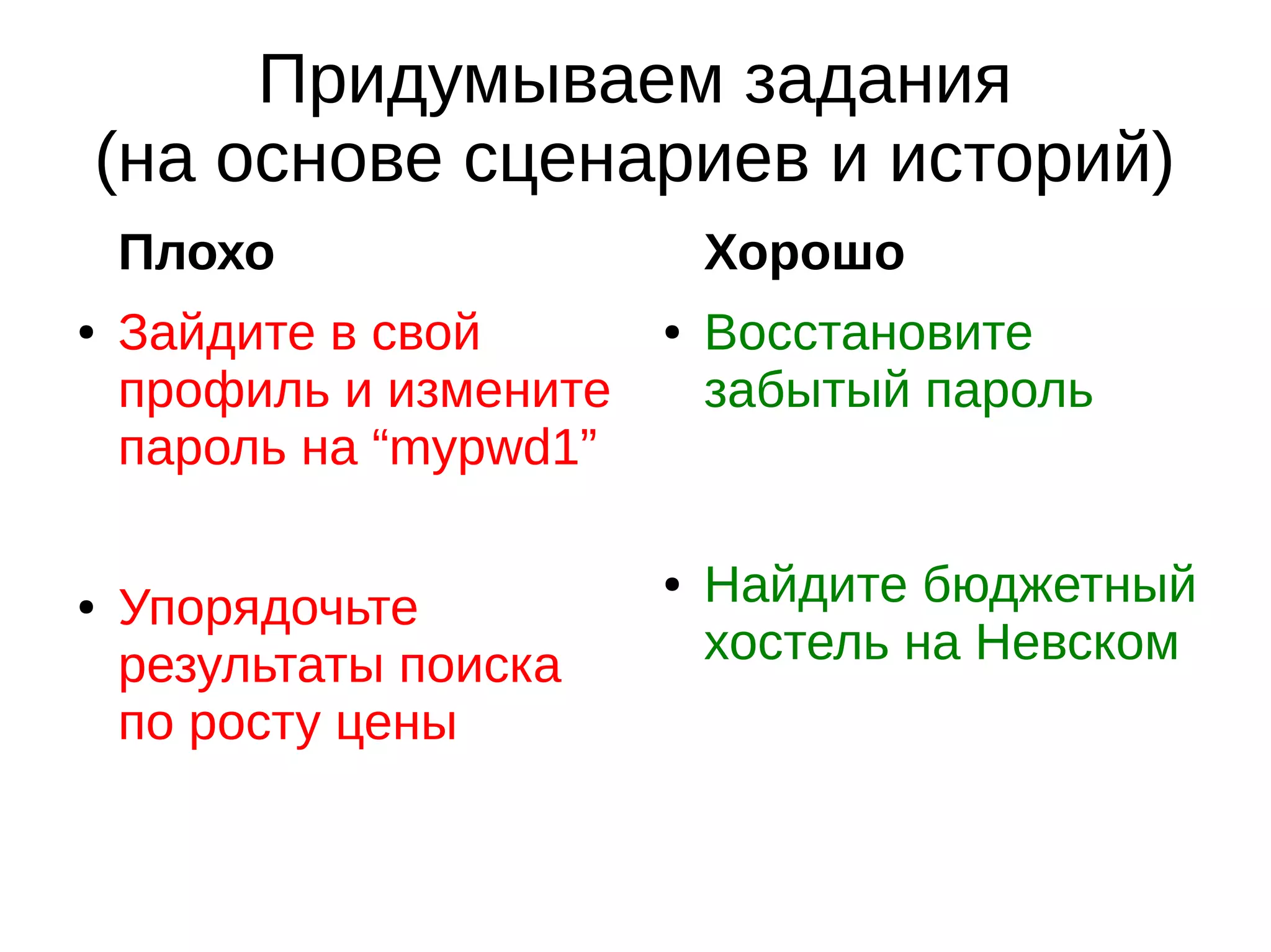 Придумываем задания
(на основе сценариев и историй)
Плохо
● Зайдите в свой
профиль и измените
пароль на “mypwd1”
● Упорядочьте
результаты поиска
по росту цены
Хорошо
● Восстановите
забытый пароль
● Найдите бюджетный
хостель на Невском
 