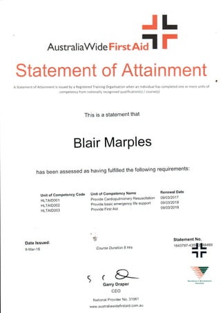 Blair Marples First Aid Certificate