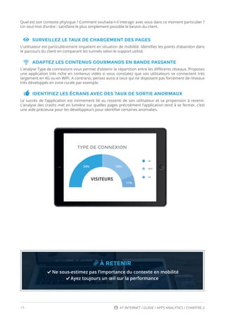14 AT INTERNET / GUIDE / APPS ANALYTICS / CHAPITRE 2
Quel est son contexte physique ? Comment souhaite-t-il interagir avec vous dans ce moment particulier ?
Un seul mot d’ordre : satisfaire le plus simplement possible le besoin du client.
SURVEILLEZ LE TAUX DE CHARGEMENT DES PAGES
L’utilisateur est particulièrement impatient en situation de mobilité. Identifiez les points d’abandon dans
le parcours du client en comparant les tunnels selon le support utilisé.
ADAPTEZ LES CONTENUS GOURMANDS EN BANDE PASSANTE
L’analyse Type de connexions vous permet d’obtenir la répartition entre les différents réseaux. Proposez
une application très riche en contenus vidéo si vous constatez que vos utilisateurs se connectent très
largement en 4G ou en WIFI. A contrario, pensez aussi à ceux qui ne disposent pas forcément de réseaux
très développés en zone rurale par exemple.
IDENTIFIEZ LES ÉCRANS AVEC DES TAUX DE SORTIE ANORMAUX
Le succès de l’application est intimement lié au ressenti de son utilisateur et sa propension à revenir.
L’analyse des crashs met en lumière sur quelles pages précisément l’application tend à se fermer, c’est
une aide précieuse pour les développeurs pour identifier certaines anomalies.
À RETENIR
Ne sous-estimez pas l’importance du contexte en mobilité
Ayez toujours un œil sur la performance
 