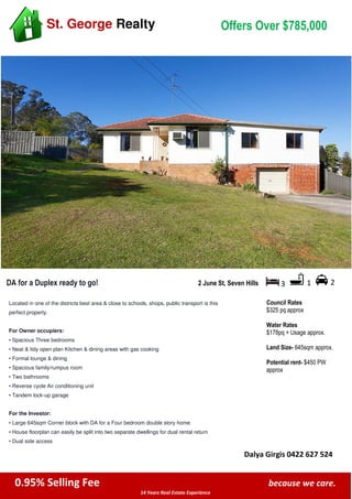 0.95% Selling Fee because we care.
14 Years Real Estate Experience
St. George Realty Offers Over $785,000
DA for a Duplex ready to go! 2 June St, Seven Hills 3 1
Council Rates
$325 pq approx
Water Rates
$178pq + Usage approx.
Land Size- 645sqm approx.
Potential rent- $450 PW
approx
Located in one of the districts best area & close to schools, shops, public transport is this
perfect property.
For Owner occupiers:
• Spacious Three bedrooms
• Neat & tidy open plan Kitchen & dining areas with gas cooking
• Formal lounge & dining
• Spacious family/rumpus room
• Two bathrooms
• Reverse cycle Air conditioning unit
• Tandem lock-up garage
For the Investor:
• Large 645sqm Corner block with DA for a Four bedroom double story home
• House floorplan can easily be split into two separate dwellings for dual rental return
• Dual side access
Dalya Girgis 0422 627 524
2
 