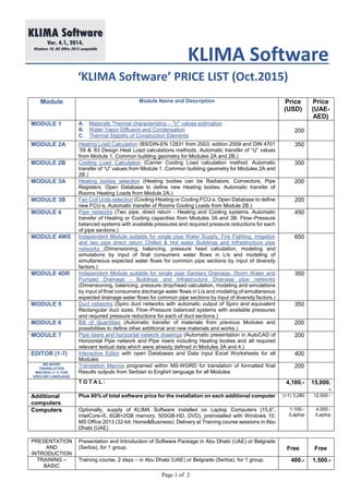 Page 1 of 2
KLIMA Software
‘KLIMA Software’ PRICE LIST (Oct.2015)
Module Module Name and Description Price
(USD)
Price
(UAE-
AED)
MODULE 1 A. Materials Thermal characteristics – “U” values estimation
B. Water Vapor Diffusion and Condensation
C. Thermal Stability of Construction Elements
200
MODULE 2A Heating Load Calculation (BS/DIN-EN 12831 from 2003, edition 2009 and DIN 4701
’59 & ’83 Design Heat Load calculations methods. Automatic transfer of “U” values
from Module 1. Common building geometry for Modules 2A and 2B.)
350
MODULE 2B Cooling Load Calculation (Carrier Cooling Load calculation method. Automatic
transfer of “U” values from Module 1. Common building geometry for Modules 2A and
2B.)
350
MODULE 3A Heating bodies selection (Heating bodies can be Radiators, Convectors, Pipe
Registers. Open Database to define new Heating bodies. Automatic transfer of
Rooms Heating Loads from Module 2A.)
200
MODULE 3B Fan Coil Units selection (Cooling-Heating or Cooling FCU-s. Open Database to define
new FCU-s. Automatic transfer of Rooms Cooling Loads from Module 2B.)
200
MODULE 4 Pipe networks (Two pipe, direct return - Heating and Cooling systems. Automatic
transfer of Heating or Cooling capacities from Modules 3A and 3B. Flow–Pressure
balanced systems with available pressures and required pressure reductions for each
of pipe sections.)
450
MODULE 4WS Independent Module suitable for single pipe Water Supply, Fire Fighting, Irrigation
and two pipe direct return Chilled & Hot water Buildings and Infrastructure pipe
networks (Dimensioning, balancing, pressure head calculation, modeling and
simulations by input of final consumers water flows in L/s and modeling of
simultaneous expected water flows for common pipe sections by input of diversity
factors.)
650
MODULE 4DR Independent Module suitable for single pipe Sanitary Drainage, Storm Water and
Pumped Drainage - Buildings and Infrastructure Drainage pipe networks
(Dimensioning, balancing, pressure drop/head calculation, modeling and simulations
by input of final consumers discharge water flows in L/s and modeling of simultaneous
expected drainage water flows for common pipe sections by input of diversity factors.)
350
MODULE 5 Duct networks (Spiro duct networks with automatic output of Spiro and equivalent
Rectangular duct sizes. Flow–Pressure balanced systems with available pressures
and required pressure reductions for each of duct sections.)
350
MODULE 6 Bill of Quantities (Automatic transfer of materials from previous Modules and
possibilities to define other additional and new materials and works.)
200
MODULE 7 Pipe risers and horizontal network drawings (Automatic presentation in AutoCAD of
Horizontal Pipe network and Pipe risers including Heating bodies and all required
relevant textual data which were already defined in Modules 3A and 4.)
200
EDITOR (1-7) Interactive Editor with open Databases and Data input Excel Worksheets for all
Modules
400
MS-WORD
TRANSLATION
MACROS (1-7) FOR
ENGLISH LANGUAGE
Translation Macros programed within MS-WORD for translation of formatted final
Results outputs from Serbian to English language for all Modules
200
T O T A L : 4,100.- 15,000.
-
Additional
computers
Plus 80% of total software price for the installation on each additional computer (+1) 3,280 12,000.-
Computers Optionally, supply of KLIMA Software installed on Laptop Computers (15,6”,
IntelCore-i5, 6GB+2GB memory, 500GB-HD, DVD), preinstalled with Windows 10,
MS Office 2013 (32-bit; Home&Business). Delivery at Training course sessions in Abu
Dhabi (UAE)
1,100.-
/Laptop
4,000.-
/Laptop
PRESENTATION
AND
INTRODUCTION
Presentation and Introduction of Software Package in Abu Dhabi (UAE) or Belgrade
(Serbia), for 1 group. Free Free
TRAINING –
BASIC
Training course, 2 days – in Abu Dhabi (UAE) or Belgrade (Serbia), for 1 group. 400.- 1,500.-
 