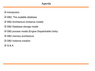  Introduction
Agenda
 DB2 Architecture (Instance model)
 DB2 Database storage model
 DB2 process model (Engine Dispatchable Units)
 DB2 memory architecture
 DB2: The scalable database
 DB2 Instance creation
 Q & A
 