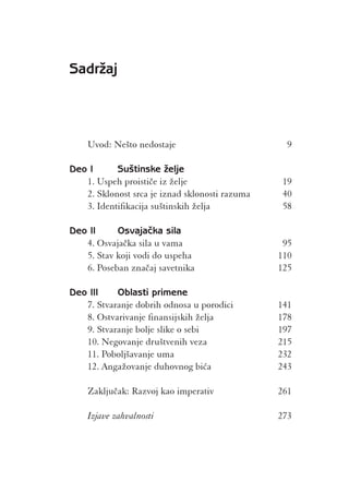 Sadr`aj



    Uvod: Ne{to nedostaje                         9

Deo I      Su{tinske `elje
   1. Uspeh proisti~e iz `elje                   19
   2. Sklonost srca je iznad sklonosti razuma    40
   3. Identifikacija su{tinskih `elja            58

Deo II     Osvaja~ka sila
   4. Osvaja~ka sila u vama                      95
   5. Stav koji vodi do uspeha                  110
   6. Poseban zna~aj savetnika                  125

Deo III    Oblasti primene
   7. Stvaranje dobrih odnosa u porodici        141
   8. Ostvarivanje finansijskih `elja           178
   9. Stvaranje bolje slike o sebi              197
   10. Negovanje dru{tvenih veza                215
   11. Pobolj{avanje uma                        232
   12. Anga`ovanje duhovnog bi}a                243

    Zaklju~ak: Razvoj kao imperativ             261

    Izjave zahvalnosti                          273
 