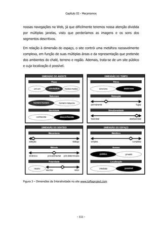 Capítulo III - Mecanismos
nossas navegações na Web, já que dificilmente teremos nossa atenção dividida
por múltiplas janelas, visto que perderíamos as imagens e os sons dos
segmentos descritivos.
Em relação à dimensão do espaço, o site contrói uma metáfora razoavelmente
complexa, em função de suas múltiplas áreas e da representação que pretende
dos ambientes do chalé, terreno e região. Ademais, trata-se de um site público
e cuja localização é possível.
permanente fugaz
favorável desfavorável
seleção diálogo simples complexa
dinâmico pré-determinado
escritor leitor
DIMENSÃO DO AGENTE
Metáfora
Simultaneidade
síncrono assíncrono
DIMENSÃO DO ESPAÇO
DIMENSÃO DO TEMPO
homem-máquina
Natureza
Identidade
Fluxo Ritmo
Retenção
imediata possível
Acesso
público privado
Localização
um-um um-muitos muitos-muitos
neutro
Método
Polaridade
DIMENSÃO DO SENTIDO
Mecanismo
procedimental
homem-homem
um-muitos
homem-homem
assícrono
público
possível
conhecida desconhecida
Figura 3 – Dimensões da Interatividade no site www.tofteproject.com
- 111 -
 