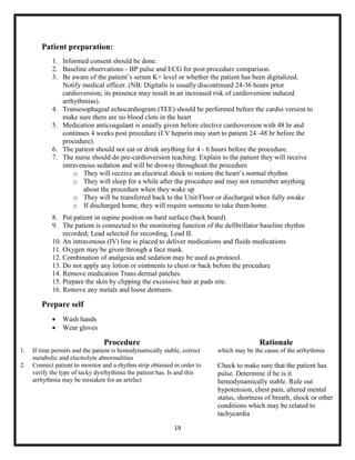 Patient preparation:
1. Informed consent should be done.
2. Baseline observations - BP pulse and ECG for post procedure comparison.
3. Be aware of the patient‟s serum K+ level or whether the patient has been digitalized.
Notify medical officer. (NB: Digitalis is usually discontinued 24-36 hours prior
cardioversion; its presence may result in an increased risk of cardioversion induced
arrhythmias).
4. Transesophageal echocardiogram (TEE) should be performed before the cardio version to
make sure there are no blood clots in the heart
5. Medication anticoagulant is usually given before elective cardioversion with 48 hr and
continues 4 weeks post procedure (I.V heparin may start to patient 24 -48 hr before the
procedure).
6. The patient should not eat or drink anything for 4 - 6 hours before the procedure.
7. The nurse should do pre-cardioversion teaching: Explain to the patient they will receive
intravenous sedation and will be drowsy throughout the procedure
o They will receive an electrical shock to restore the heart‟s normal rhythm
o They will sleep for a while after the procedure and may not remember anything
about the procedure when they wake up
o They will be transferred back to the Unit/Floor or discharged when fully awake
o If discharged home, they will require someone to take them home.
8. Put patient in supine position on hard surface (back board)
9. The patient is connected to the monitoring function of the defibrillator baseline rhythm
recorded; Lead selected for recording, Lead II.
10. An intravenous (IV) line is placed to deliver medications and fluids medications
11. Oxygen may be given through a face mask.
12. Combination of analgesia and sedation may be used as protocol.
13. Do not apply any lotion or ointments to chest or back before the procedure
14. Remove medication Trans dermal patches.
15. Prepare the skin by clipping the excessive hair at pads site.
16. Remove any metals and loose dentures.

Prepare self



Wash hands
Wear gloves

Procedure
1.
2.

Rationale

If time permits and the patient is hemodynamically stable, correct
metabolic and electrolyte abnormalities
Connect patient to monitor and a rhythm strip obtained in order to
verify the type of tacky dysrhythmia the patient has. Is and this
arrhythmia may be mistaken for an artifact

19

which may be the cause of the arrhythmia

Check to make sure that the patient has
pulse. Determine if he is it
hemodynamically stable. Rule out
hypotension, chest pain, altered mental
status, shortness of breath, shock or other
conditions which may be related to
tachycardia

 