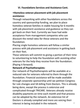 12
VI. Foundations Services and Assistance Cont.
•Homeless veteran placement with job placement
assistance:
Through networking with other foundations across the
country and sponsorship funding, we plan to place
homeless veteran families in stable housing for 6 months
with job placement assistance and guidance so they can
get back on their feet. Currently we have had wide
acceptance from management companies who can
discount the rental rates for these veterans and the
foundation.
Placing single homeless veterans will follow a similar
process with job placement and assistance in getting back
on their feet.
These veterans will commit to giving a portion of their time
to volunteering to help the foundation with assisting other
veterans for the help they receive from the foundation.
(Paying it forward).
Network of Psychotherapists:
Our network of Psychotherapists will be available at a
reduced rate for veterans referred to them through the
foundation. Financial assistance will be made available
through corporate sponsorship until we petition Congress
for rule changes and VA billing from Doctors. This is already
being done, except the process is extensive and
complicated through TRICARE. Veterans already receive
disability payments on time each month and that process
can be adopted by the network. An extensive list of
Doctors is already compiled and more are voicing their
interest in being included in the network.
 