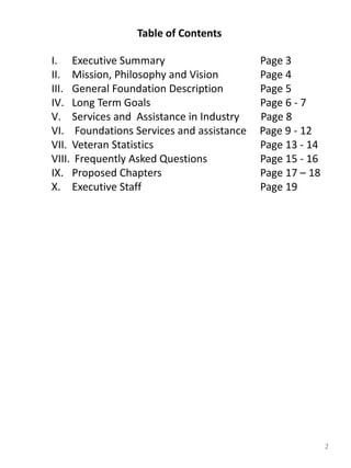 Table of Contents
I. Executive Summary Page 3
II. Mission, Philosophy and Vision Page 4
III. General Foundation Description Page 5
IV. Long Term Goals Page 6 - 7
V. Services and Assistance in Industry Page 8
VI. Foundations Services and assistance Page 9 - 12
VII. Veteran Statistics Page 13 - 14
VIII. Frequently Asked Questions Page 15 - 16
IX. Proposed Chapters Page 17 – 18
X. Executive Staff Page 19
2
 