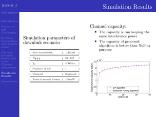 IMCOM’17
Hoa nguyen
Introduction
Objective
and
Challenges
Problem
formulation
and System
model
Optimal
transmit
Power and
novel
Channel
assignment
Simulation
Results
Conclusions
Simulation Results
Simulation parameters of
downlink scenario
Free bandwidth 1.4MHz
NFFT 64/128
fc 2.4GHz
Number of SU 1
Channel Rayleigh
Total transmit Power 100mW
Channel capacity:
• The capacity is run keeping the
same interference power
• The capacity of proposed
algorithm is better than Nulling
purpose
0 10 20 30 40
0
0.5
1
1.5
2
2.5
x 10
7
TotalChannelCapacity(bits/s)
SNR in dB
GP algorithm
subcarrier nulling algorithm
 
