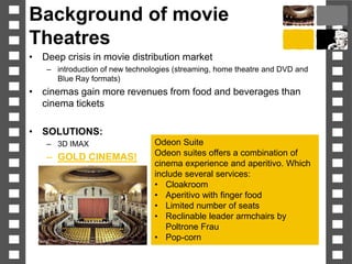 Background of movie
Theatres
• Deep crisis in movie distribution market
– introduction of new technologies (streaming, home theatre and DVD and
Blue Ray formats)
• cinemas gain more revenues from food and beverages than
cinema tickets
• SOLUTIONS:
– 3D IMAX
– GOLD CINEMAS!
Odeon Suite
Odeon suites offers a combination of
cinema experience and aperitivo. Which
include several services:
• Cloakroom
• Aperitivo with finger food
• Limited number of seats
• Reclinable leader armchairs by
Poltrone Frau
• Pop-corn
 
