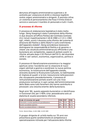 denuncia all'organo amministrativo superiore o di
controllo per violazione di diritti e interessi legittimi
contro organi amministrativi e dirigenti. È previsto infine
un sistema di pensionamento che fissa il limite d'età di
servizio e assicura il ricambio di personale a tutti i livelli.
Il processo di riforma
Il processo di elaborazione legislativa è stato molto
lungo. Deng Xiaoping è stato il promotore della riforma:
in due discorsi all'Ufficio Politico del Comitato Centrale
(Cc) tenuti rispettivamente il 18-8-1980 e il 13-1-1982
egli, infatti, avviò il discorso sulla riforma del sistema di
direzione del Partito e dello Stato8 e sullo snellimento
dell'apparato statale9. Deng considerava necessario
distinguere tra responsabilità di Partito e di governo e
creare una struttura amministrativa più efficiente e una
burocrazia più competente, capace di portare avanti le
riforme attuate dopo il III Plenum dell'XI Cc del dicembre
1978 in vari settori, economico, organizzativo, politico e
sociale.
Il processo di liberalizzazione economica e la maggior
apertura verso l'occidente con la creazione di nuovi
organi abilitati a gestire e coordinare la nuova politica
economica, la ricostruzione dell'apparato statale,
stravolto durante la Rivoluzione Culturale, la riabilitazione
di migliaia di quadri e la loro riassunzione nelle posizioni
che occupavano precedentemente, il processo di
istituzionalizzazione portato avanti con una ricca
produzione normativa in ogni campo dell'amministrazione
dello Stato sono tutti fenomeni che hanno contribuito a
provocare una crescita enorme della burocrazia.
Negli anni '80, questo apparato burocratico si identificava
in funzionari che per il 40% circa possedevano solo un
diploma di scuola secondaria inferiore.
Grado di istruzione dei quadri 1980 1987 1988
Università o scuola superiore di specializzazione 18% 25,2% 28,7%
Scuola secondaria superiore 42% 47,6% 48,1%
Scuola secondaria inferiore o elementari 40% 27,2% 23,2%
Fonte: Renmin Ribao, 16-06-1988; 16-09-1989
Il gruppo dirigente di un'età media sui 70 anni non
presentava quelle caratteristiche di competenza e
specializzazione richieste per l'attuazione delle riforme
 