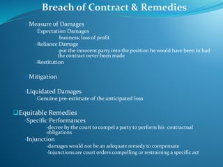 Measure of Damages
Expectation Damages
business; loss of profit
Reliance Damage
put the innocent party into the position he would have been in had
the contract never been made
Restitution
Mitigation
Liquidated Damages
Genuine pre-estimate of the anticipated loss
Equitable Remedies
Specific Performances
decree by the court to compel a party to perform his contractual
obligations
Injunction
damages would not be an adequate remedy to compensate
Injunctions are court orders compelling or restraining a specific act
Breach of Contract & Remedies
 
