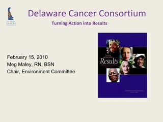 Turning Action into Results February 15, 2010 Meg Maley, RN, BSN  Chair, Environment Committee Delaware Cancer Consortium 