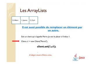 Les ArrayLists
0 | Albert   1 | Jeanne   2 | Cyril



              Il est aussi possible de remplacer un élément par
                                     un autre.

             Soit un client qui s’appelle Pierre. Je vais le placer à l’indice 1.

             Client c1 = new Client("Pierre");

                                      client.set(1,c1);

                                      .
                          L’objet vient d’être crée.
 