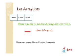 Les ArrayLists
0 | Albert     1 | Jeanne   2 | Cyril




              Pour savoir si notre ArrayList est vide.

                                            client.isEmpty();




             Elle va nous retourner false car l’ArrayList n’est pas vide.
                                        .
 