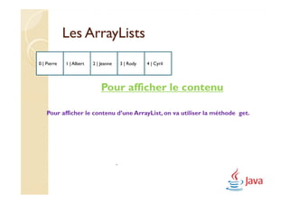 Les ArrayLists
0 | Pierre   1 | Albert   2 | Jeanne       3 | Rody   4 | Cyril




                              Pour afficher le contenu

    Pour afficher le contenu d’une ArrayList, on va utiliser la méthode get.




                                       .
 