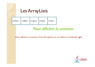Les ArrayLists
0 | Pierre   1 | Albert   2 | Jeanne       3 | Rody   4 | Cyril




                              Pour afficher le contenu

    Pour afficher le contenu d’une ArrayList, on va utiliser la méthode get.




                                       .
 