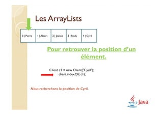 Les ArrayLists
0 | Pierre   1 | Albert     2 | Jeanne   3 | Rody   4 | Cyril




                      Pour retrouver la position d’un
                                 élément.

                          Client c1 = new Client("Cyril");
                                 client.indexOf( c1);



        Nous recherchons la position de Cyril.
                             .
 