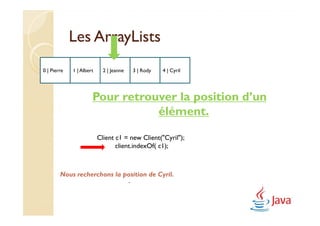Les ArrayLists
0 | Pierre   1 | Albert     2 | Jeanne   3 | Rody   4 | Cyril




                      Pour retrouver la position d’un
                                 élément.

                          Client c1 = new Client("Cyril");
                                 client.indexOf( c1);



        Nous recherchons la position de Cyril.
                             .
 