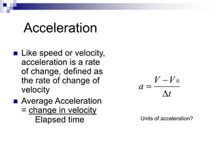 Acceleration 
 Like speed or velocity, 
acceleration is a rate 
of change, defined as 
the rate of change of 
velocity 
 Average Acceleration 
= change in velocity 
V V 
t 
a 
 
 
 
0 
Elapsed time Units of acceleration? 
 