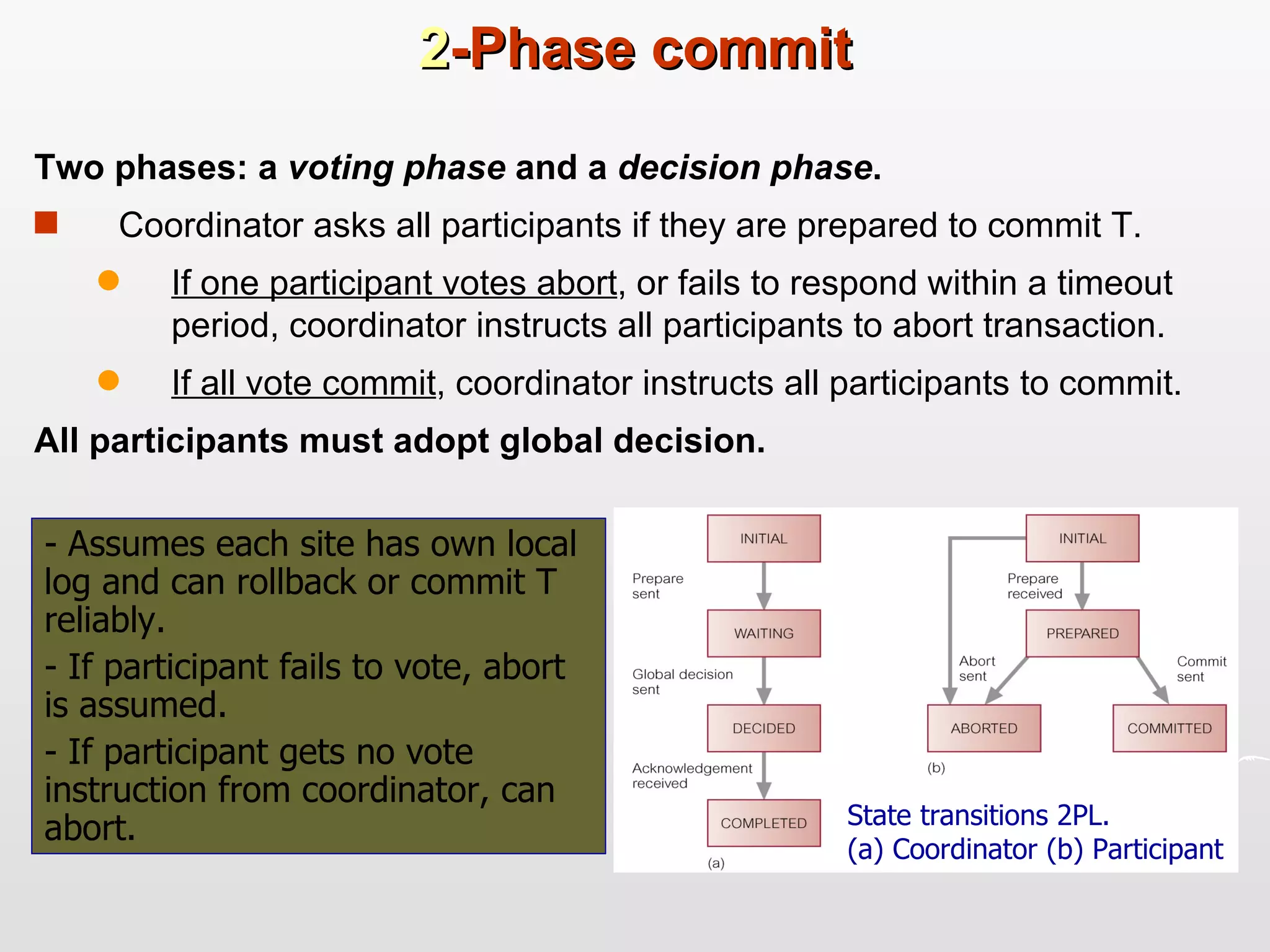 2 -Phase commit Two phases: a  voting phase  and a  decision phase .  Coordinator asks all participants if they are prepared to commit T. If one participant votes abort , or fails to respond within a timeout period, coordinator instructs all participants to abort transaction.  If all vote commit , coordinator instructs all participants to commit.  All participants must adopt global decision. - Assumes each site has own local log and can rollback or commit T reliably.  - If participant fails to vote, abort is assumed. - If participant gets no vote instruction from coordinator, can abort. State transitions 2PL.  (a) Coordinator (b) Participant 