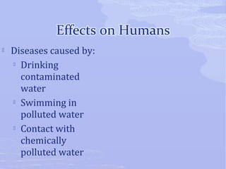  Diseases caused by: 
 Drinking 
contaminated 
water 
 Swimming in 
polluted water 
 Contact with 
chemically 
polluted water 
 