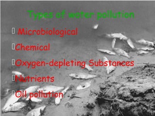 Types of water pollution 
 Microbiological 
Chemical 
Oxygen-depleting Substances 
Nutrients 
Oil pollution 
 
