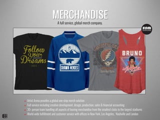 MERCHANDISE
v  Artist Arena provides a global one-stop merch solution
v  Full service including creative development, design, production, sales & financial accounting
v  30+ person team handling all aspects of touring merchandise from the smallest clubs to the largest stadiums
v  World-wide fulfillment and customer service with offices in New York, Los Angeles, Nashville and London
A full service, global merch company.
	
  
 