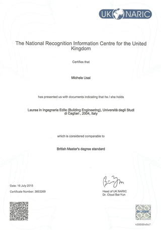 Michele Usai - NARIC Certificate